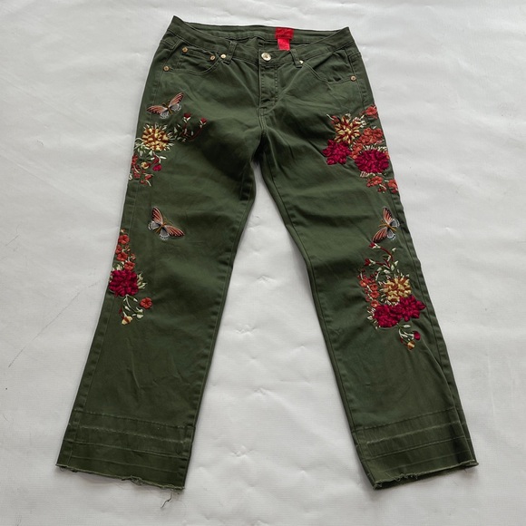 V Christina Pants - V Christina Olive Green Pants Colorful Floral &
Butterfly Embroidery